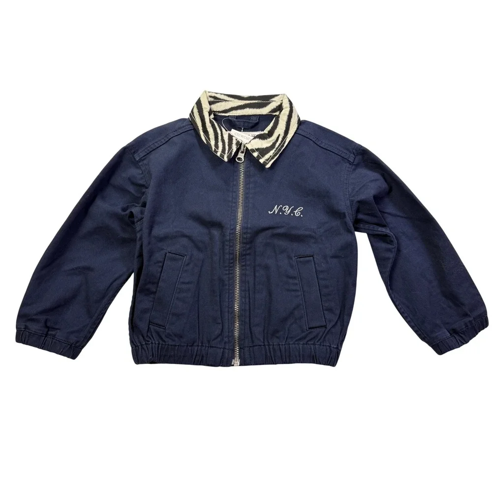 J.Crew Crewcut Navy embroidered‎ bomber jacket zebra collar Size XXS 2T 3T